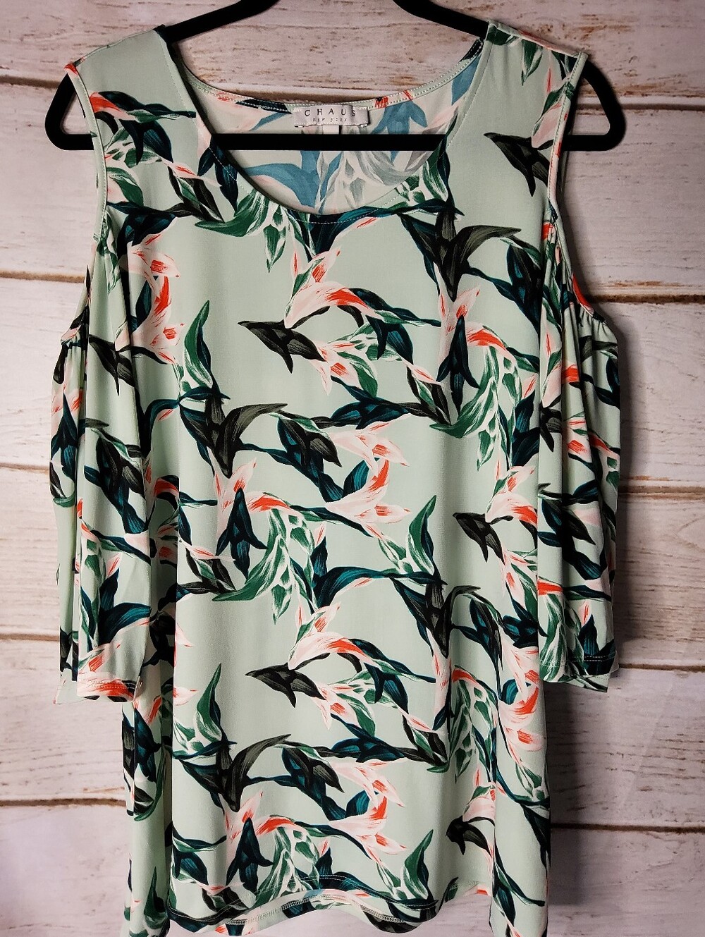 Chaus Mint Floral Cold-Shoulder Tunic with Teal & Coral Accents